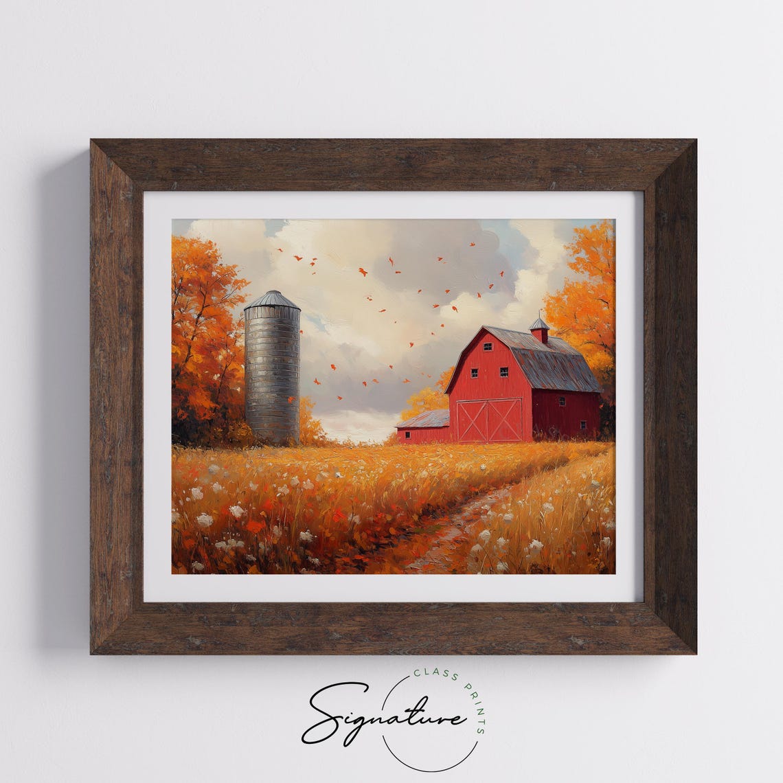 Red Barn and Silo in Golden Field with Falling Autumn Leaves Poster - Image 5