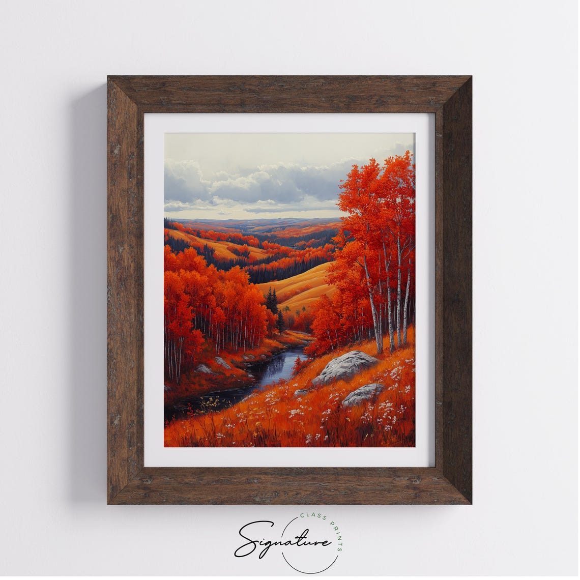 Red Autumn Hills With River Valley Vibrant Fall Landscape Poster - Image 4