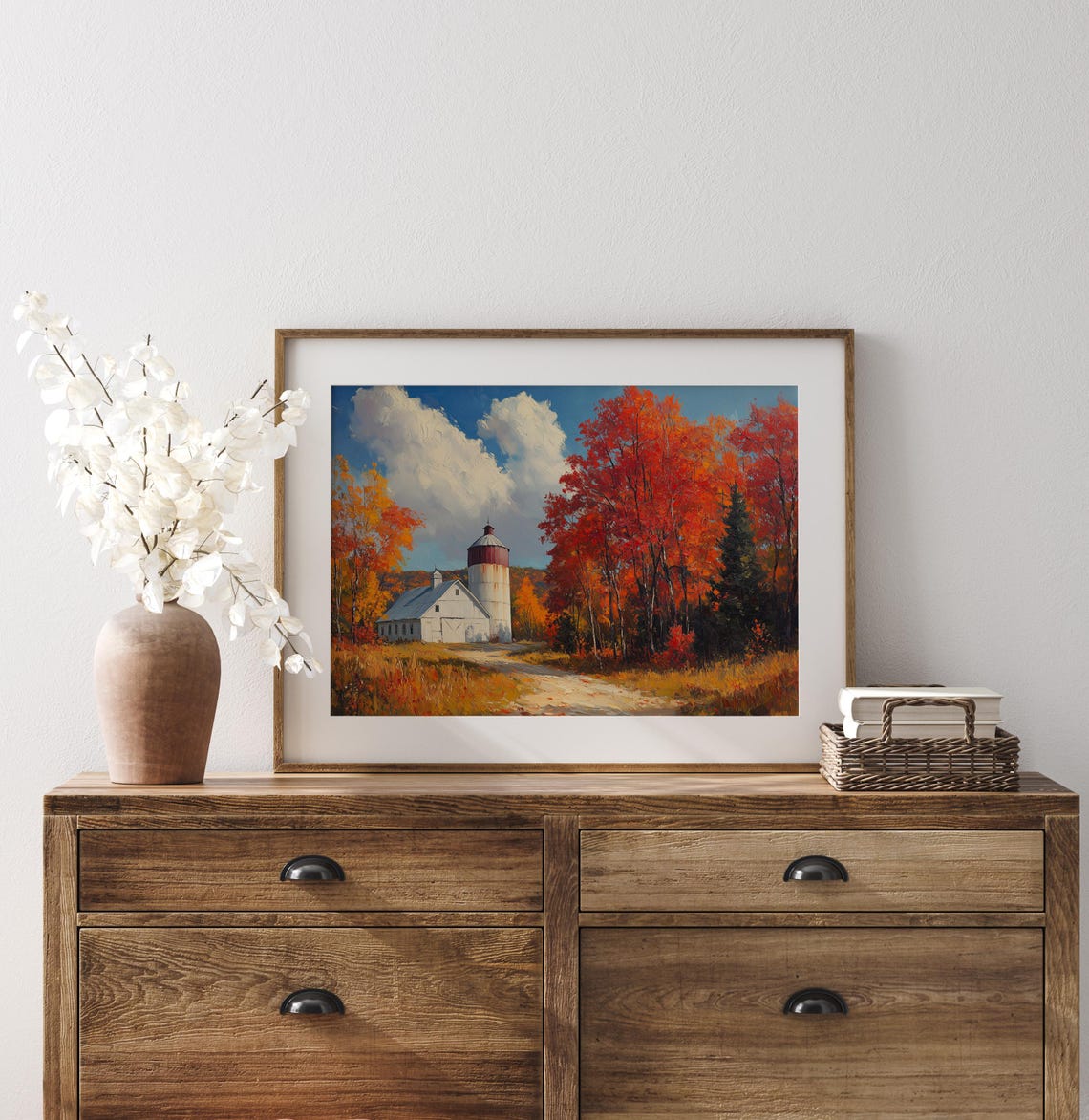 White Barn And Silo Among Blazing Red Trees Under Blue Sky Poster - Image 3