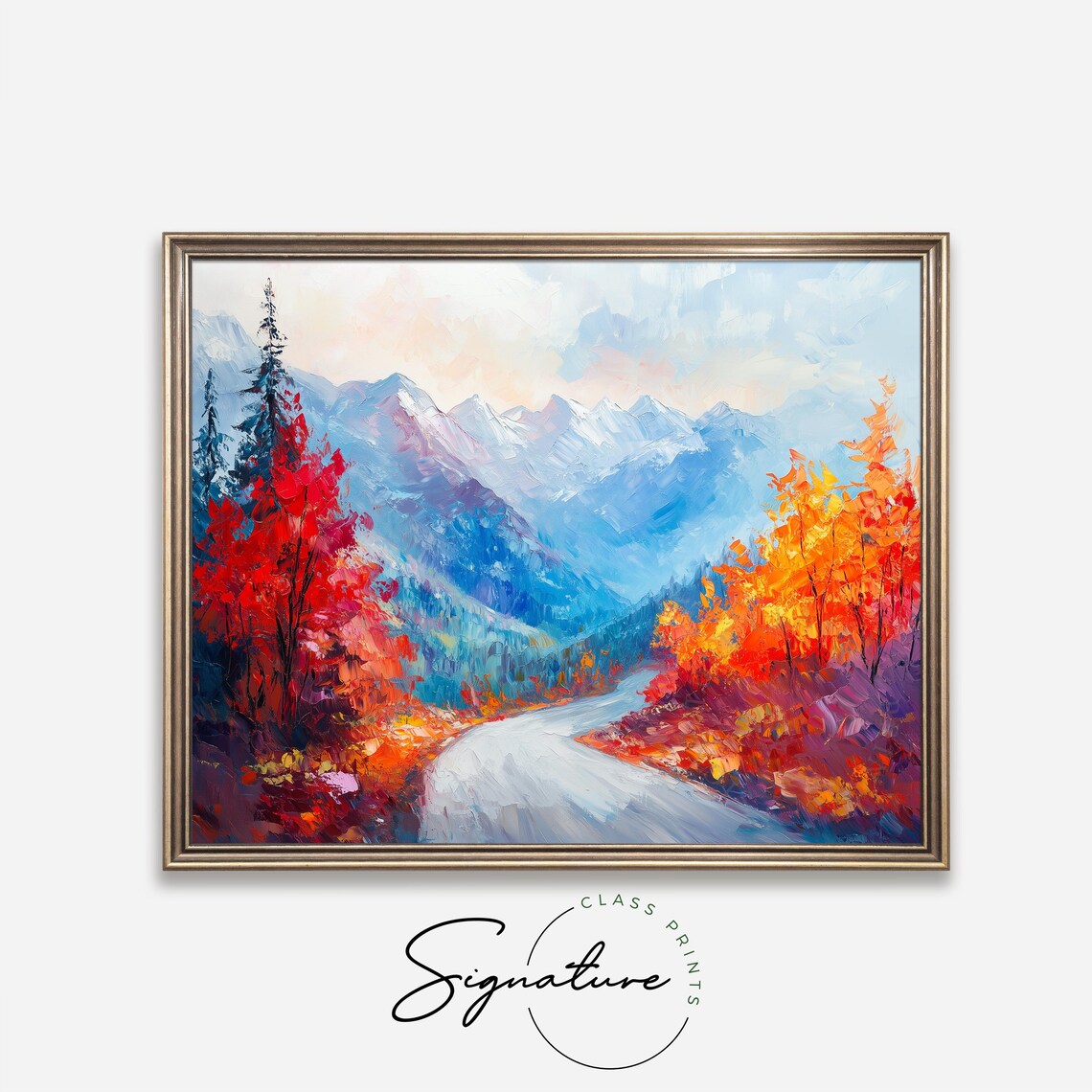 Mountain Road Autumn Painting Vibrant Fall Foliage Blue Peaks Landscape Poster - Image 4