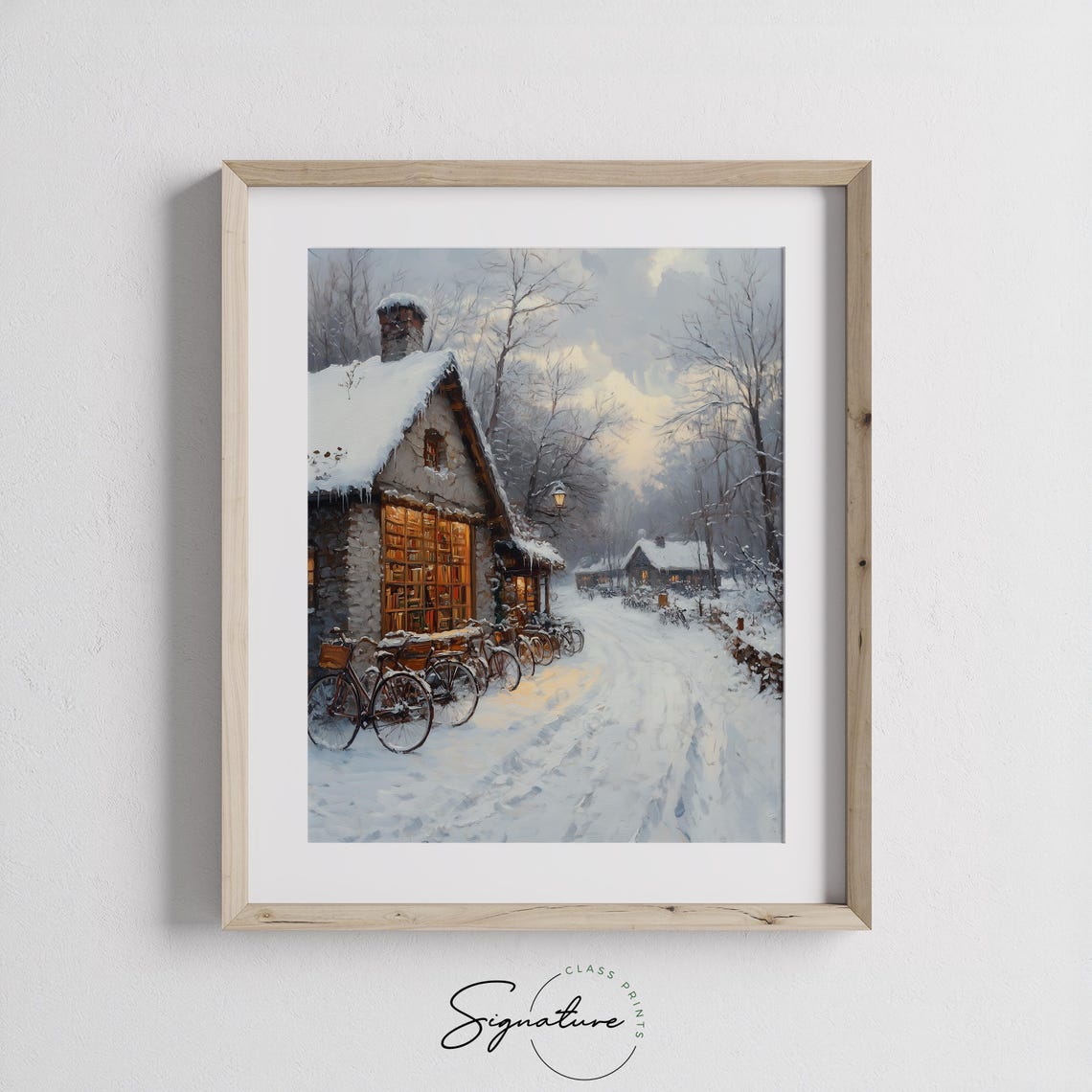 Snowy Bookstore with Glowing Windows and Bicycles Winter Poster - Image 2