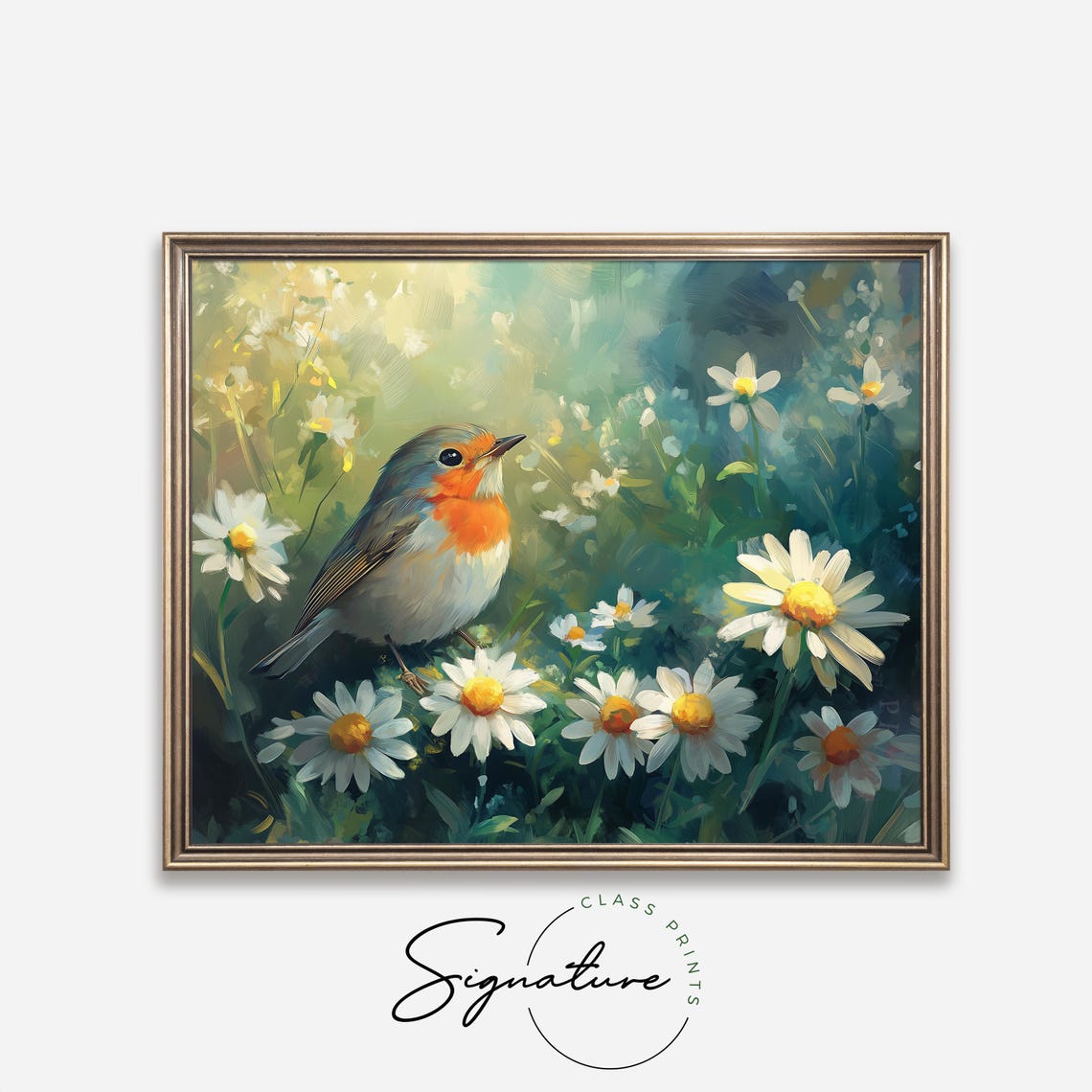 Robin Resting Among White Daisies In Lush Green Meadow Wall Art - Image 4
