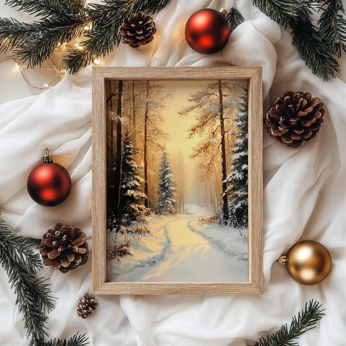 Golden Sunrise Lights Snowy Forest Path Winter Morning Poster - Image 4