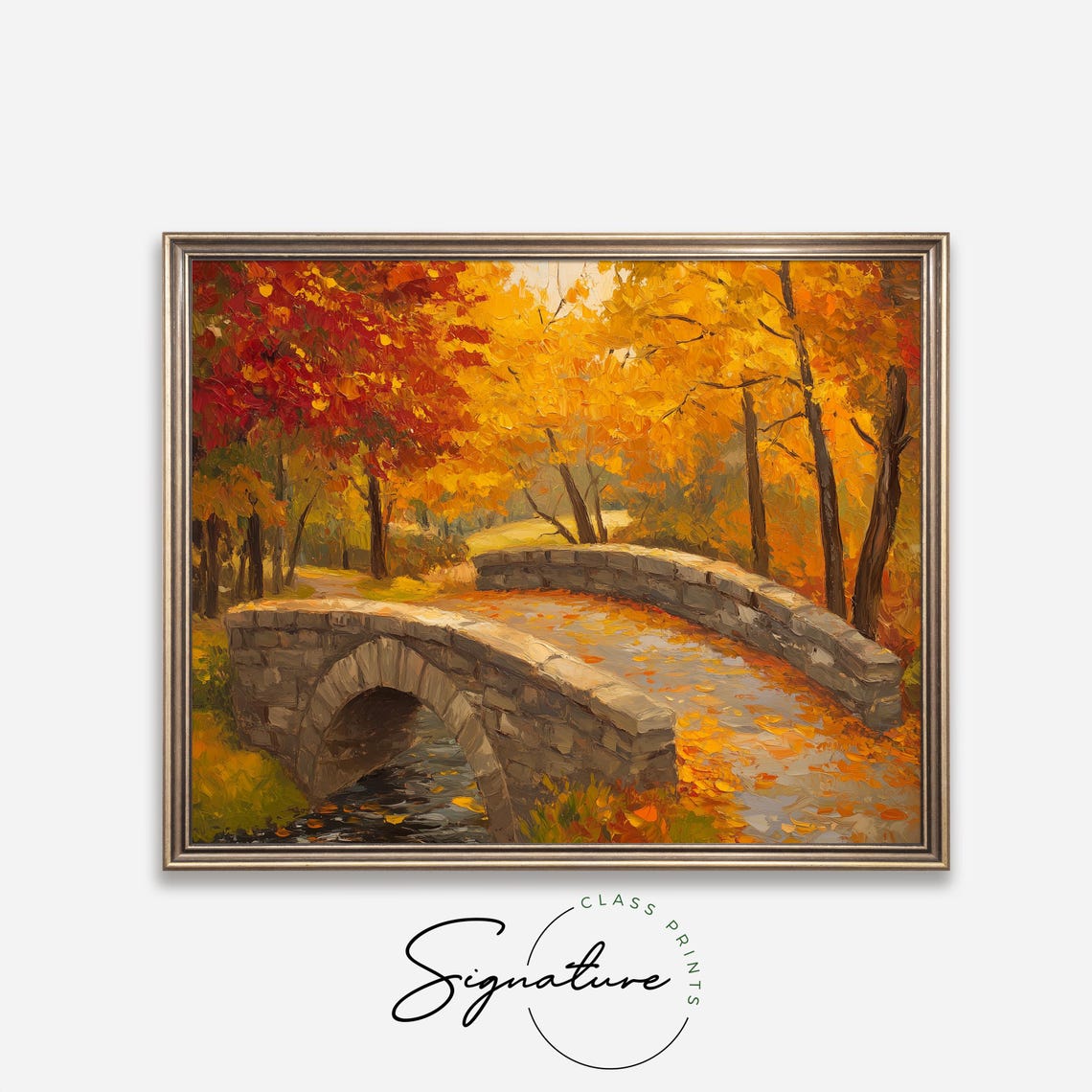Autumn Stone Bridge Painting Red Fall Foliage Rustic Landscape Poster - Image 4