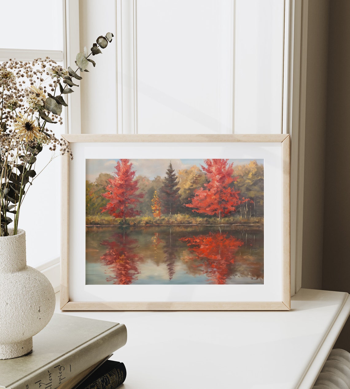 Twin Scarlet Red Maples Reflected In Calm Forest Pond Poster - Image 6