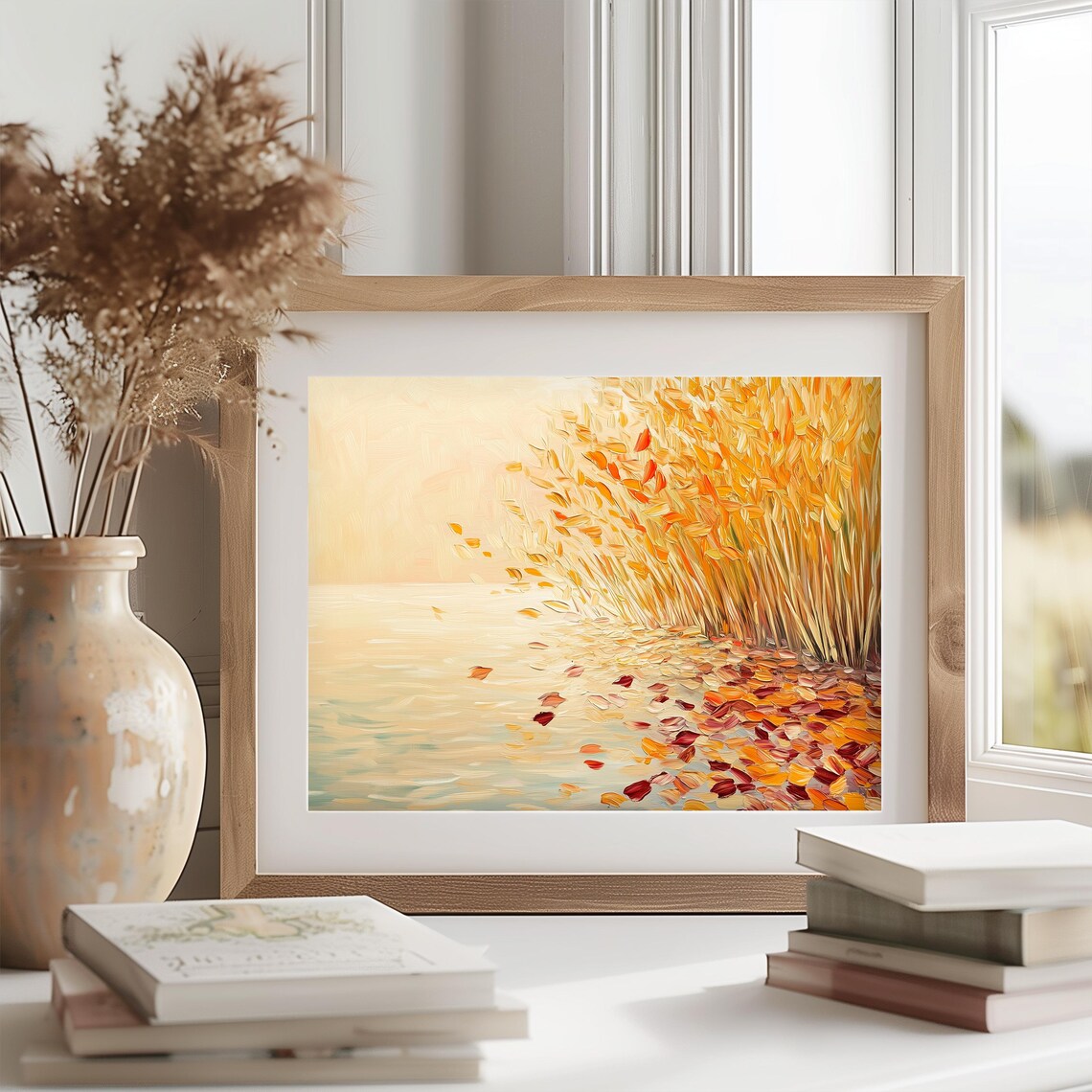 Minimalist Golden Reeds And Falling Leaves Soft Autumn Lakeside Poster - Image 2