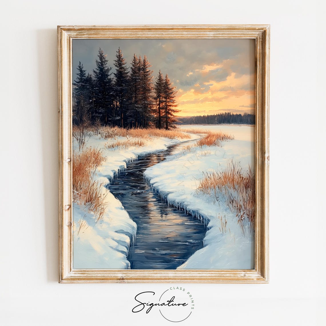 Frozen Stream Through a Snowy Meadow at Golden Sunset Poster