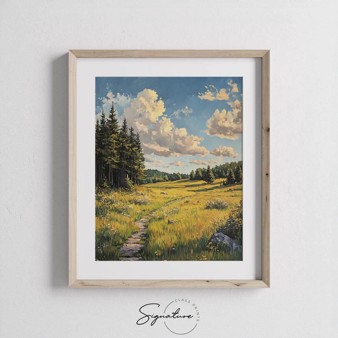 Golden Meadow Pine Forest Path Under Summer Sky Landscape Poster - Image 2