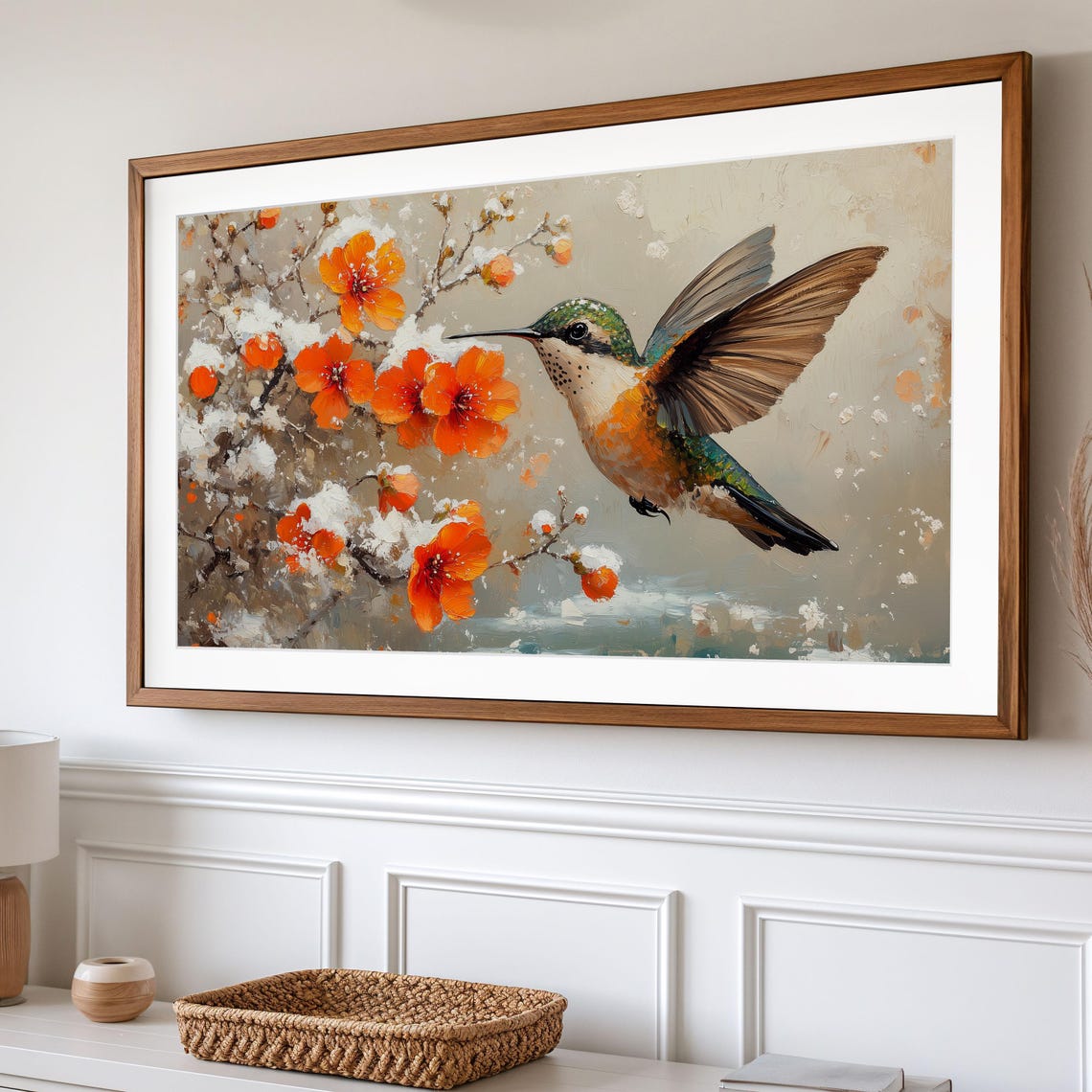 Hummingbird In Flight Near Orange Blossoms Dusted With Snow Poster - Image 2