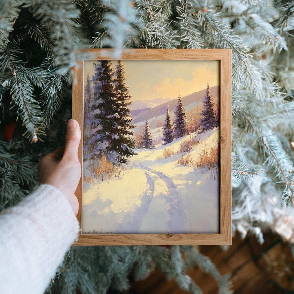 Golden Sunset Over Snowy Pine Hillside Winter Trail Scene Poster - Image 6