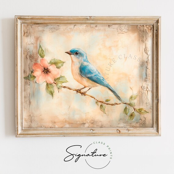 Dreamy Bluebird On Blossom Branch Vintage Bird Art Pastel Print
