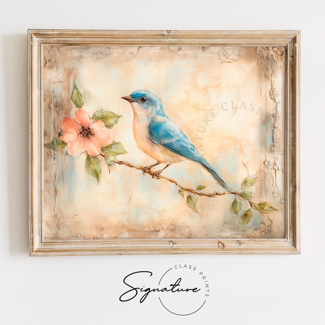 Dreamy Bluebird On Blossom Branch Vintage Bird Art Pastel Print