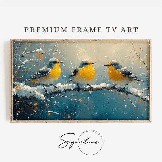 Goldcrest Trio On Frosty Branch In Falling Snow Moody Winter Art Poster