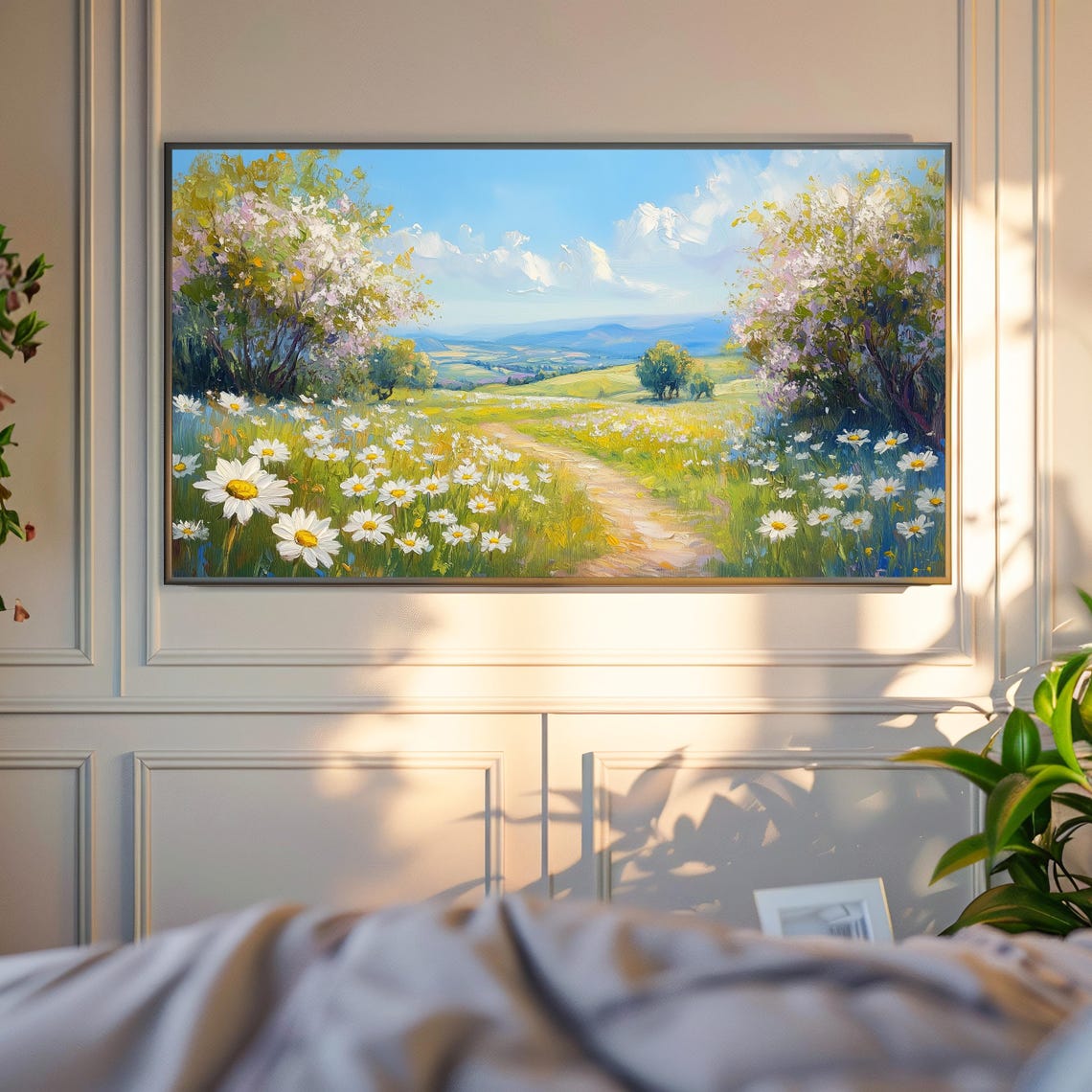 Daisy Meadow Path Lined With Blossom Trees Bright Frame TV Wall Art - Image 6