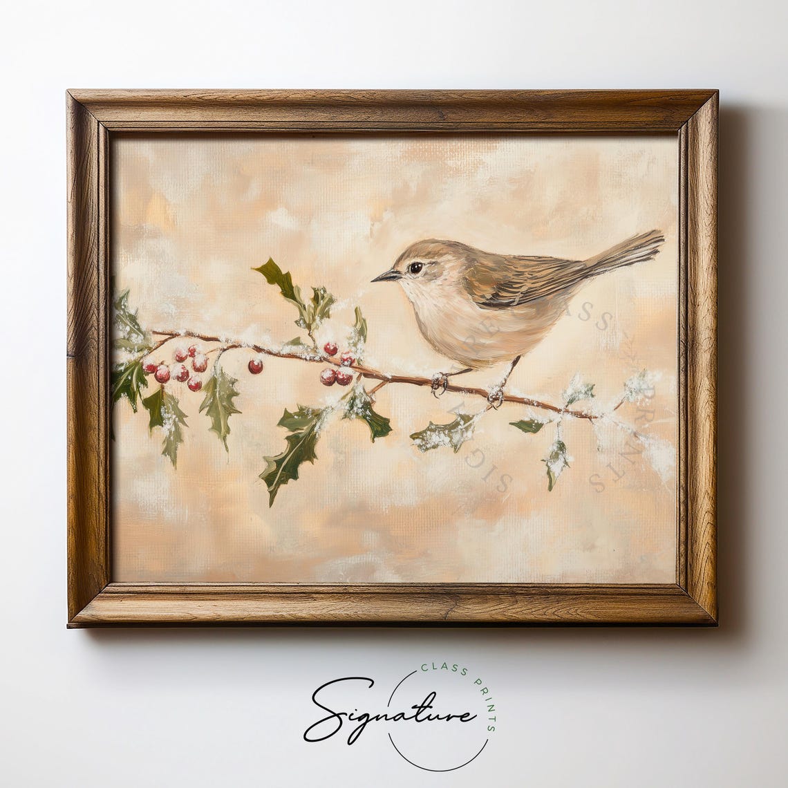 Warbler on Frosty Holly Branch Red Berries Winter Bird Poster - Image 5