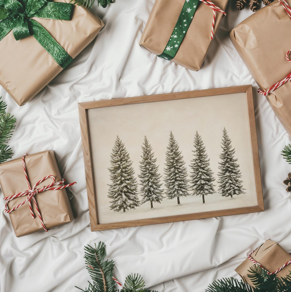 Five Snow Dusted Pine Trees In A Row Minimalist Winter Art Poster - Image 2