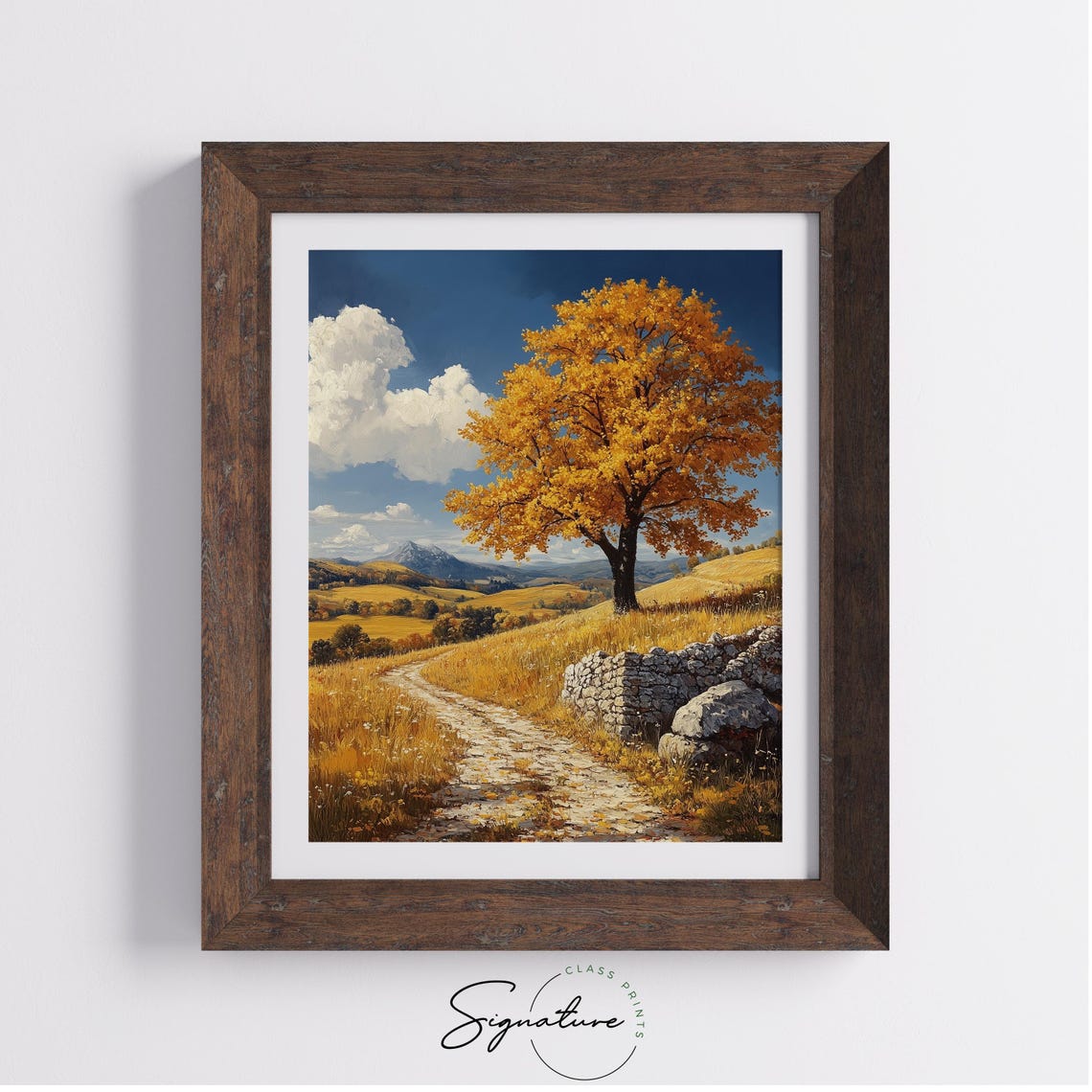 Golden Autumn Tree Lone Hillside Path Mountain View Oil Art Poster - Image 4