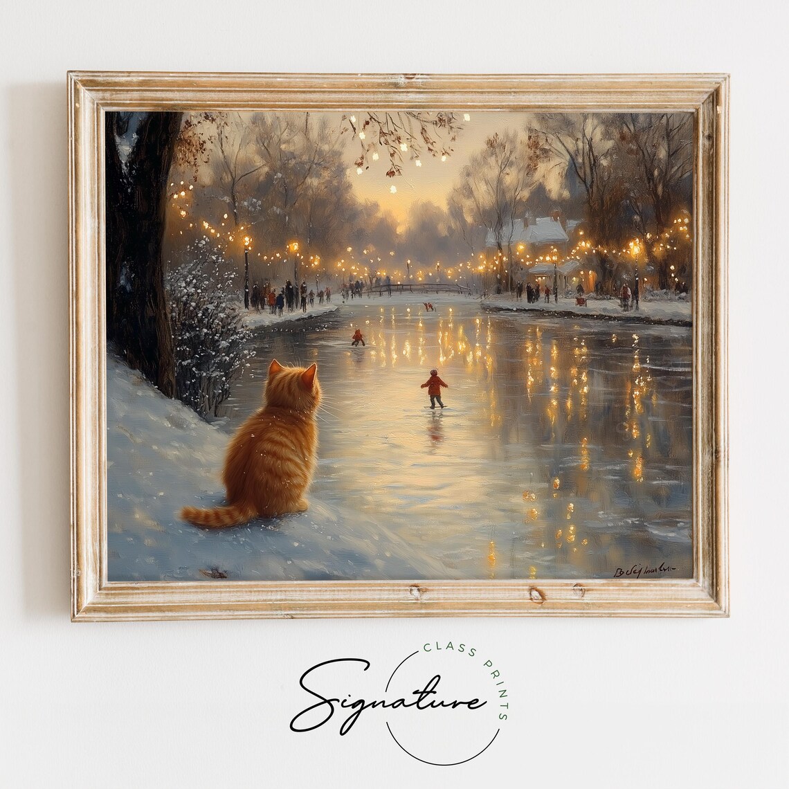 Orange Cat Watching Children Ice Skate On A Moonlit Pond Poster