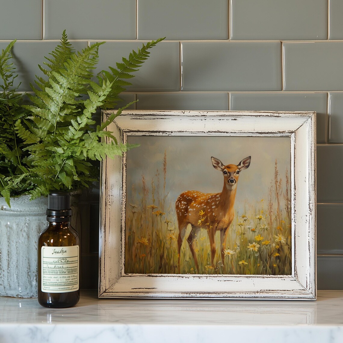 Spotted Fawn in Golden Wildflower Meadow Soft Wildlife Painting Print - Image 4