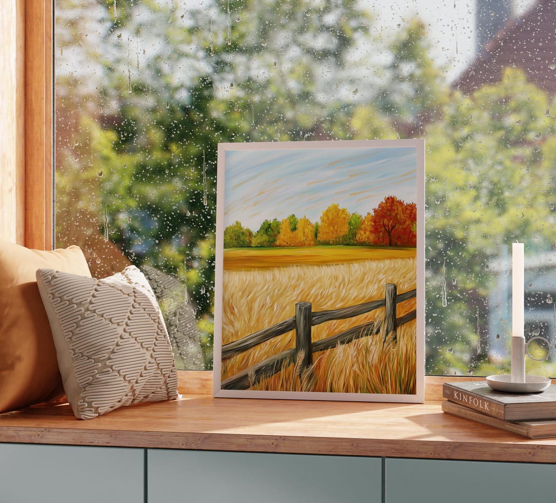 Rustic Rail Fence Bordering Golden Field of Fall Colors Poster - Image 2