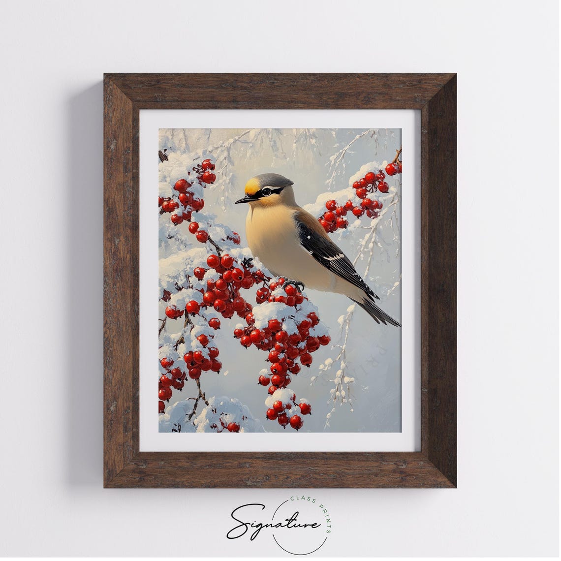 Bohemian Waxwing Resting On Snowy Branch With Red Berries Art Poster - Image 2