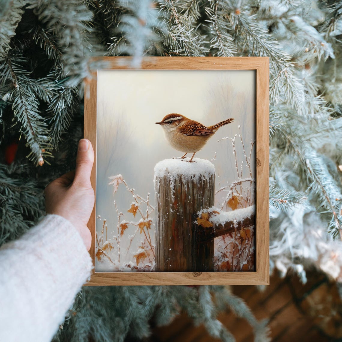 Carolina Wren on Snow Covered Fence Post Winter Wildlife Bird Poster - Image 6