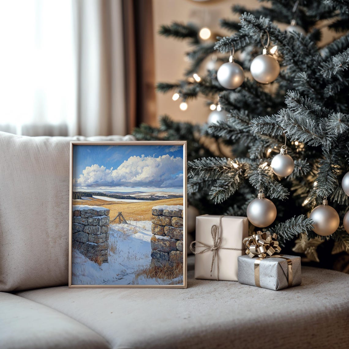 Rustic Stone Gate Snowy Pasture Golden Winter Landscape Poster - Image 5
