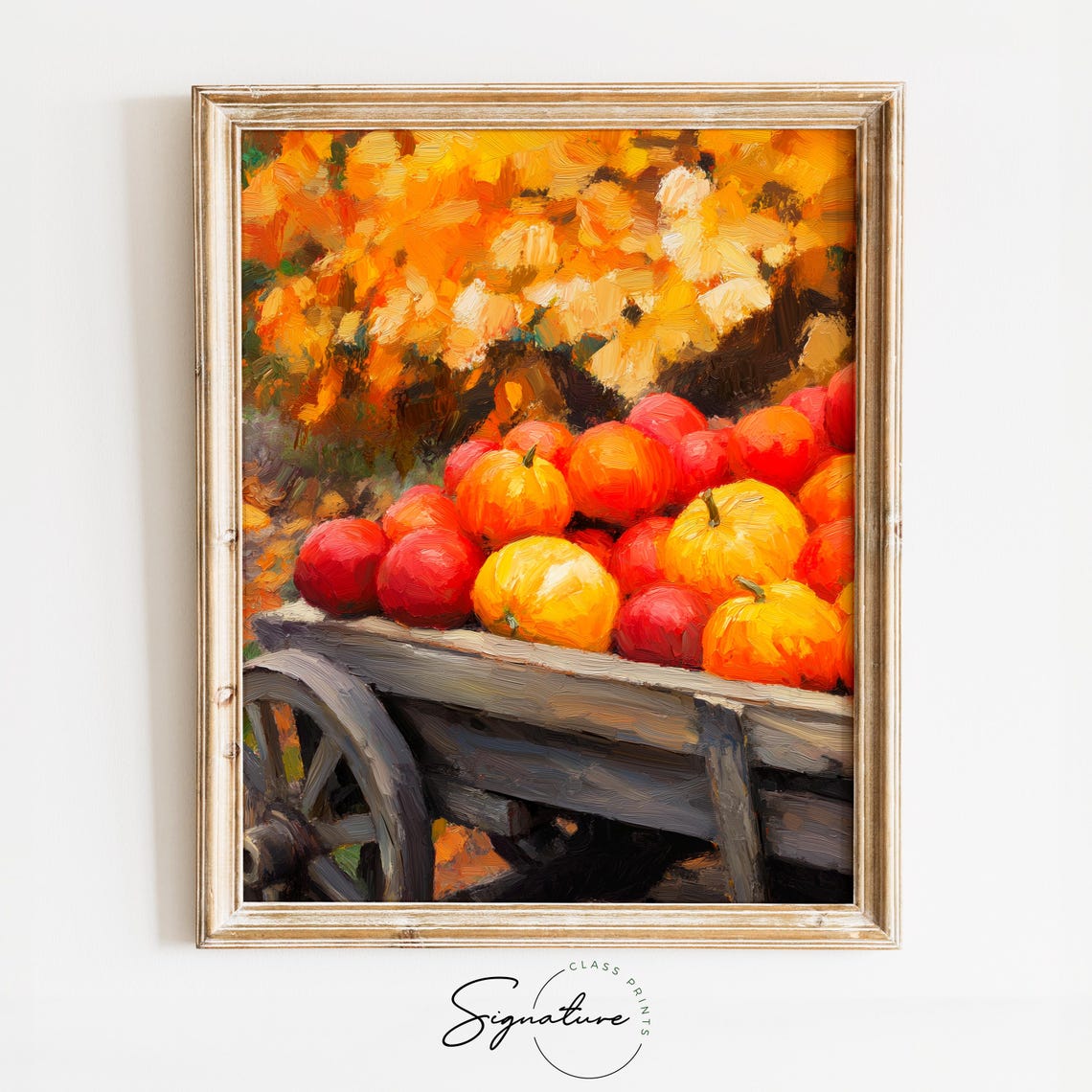 Wooden Cart Overflowing With Pumpkins And Apples Fall Poster