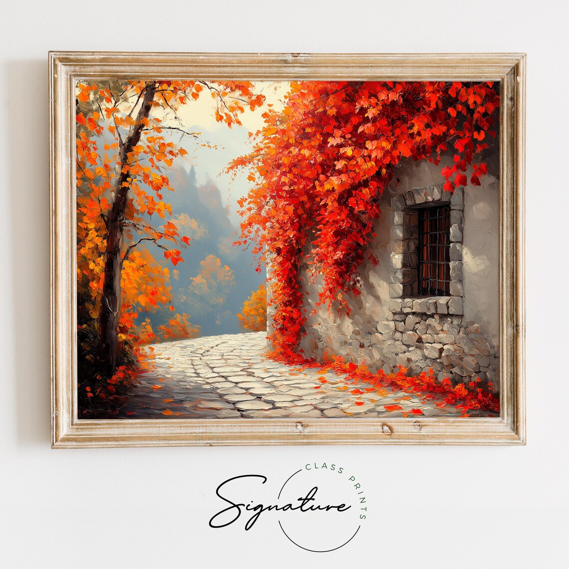 Cobblestone Lane Past Stone Wall Covered in Crimson Autumn Ivy Wall Art