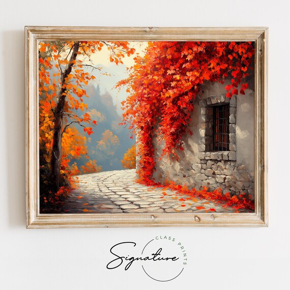 Cobblestone Lane Past Stone Wall Covered in Crimson Autumn Ivy Wall Art