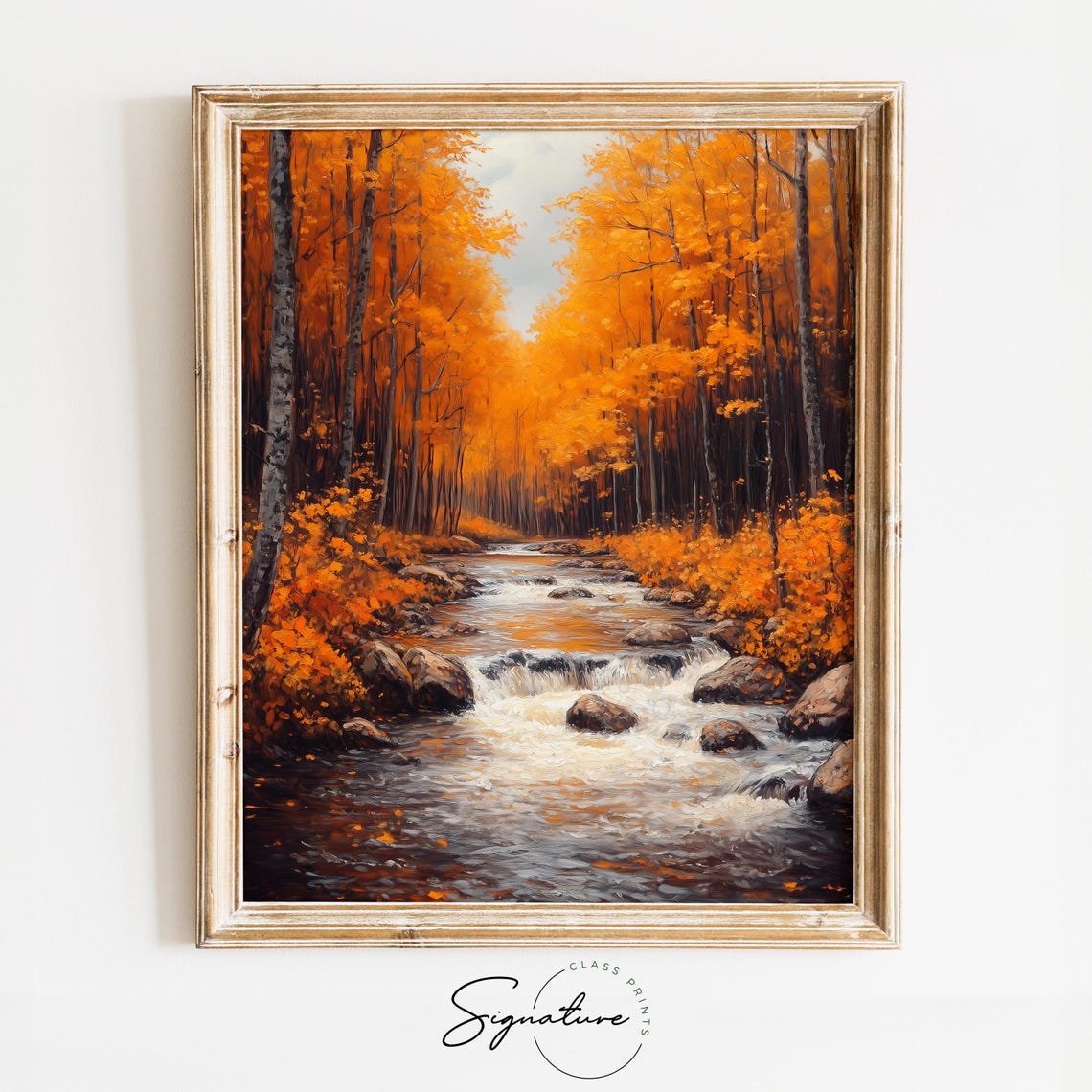 Rocky Forest Stream Flowing Through Fiery Orange Autumn Woods Poster