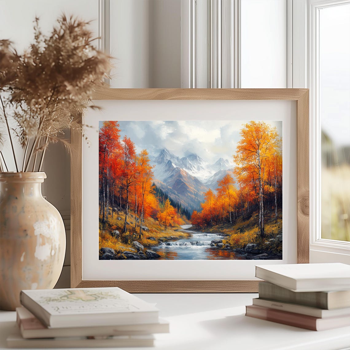 Autumn Mountain River Painting Snowy Peaks Colorful Fall Trees Poster - Image 2