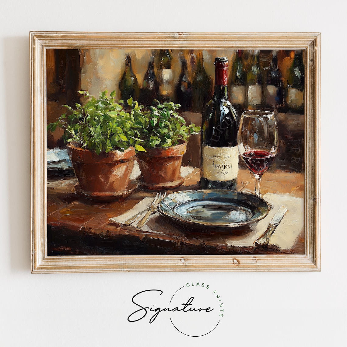 Rustic Wine Bottle And Herbs Table Vintage Italian Kitchen Painting Print