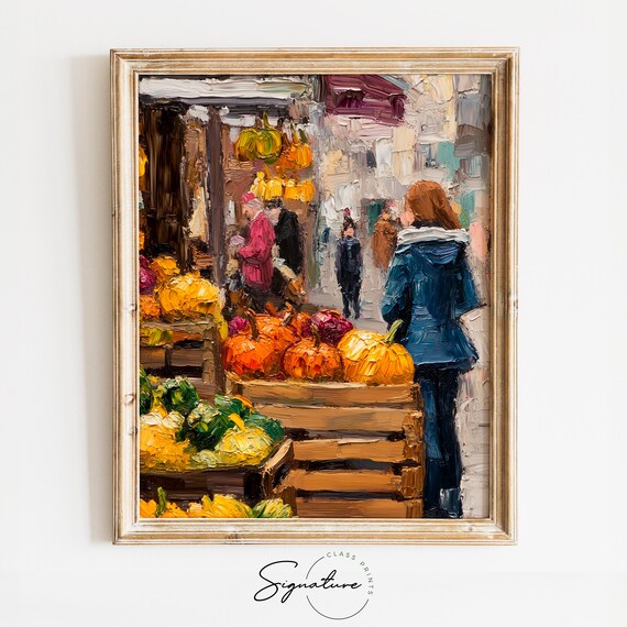 Busy Autumn Farmers Market with Pumpkin Crates and Shoppers Poster