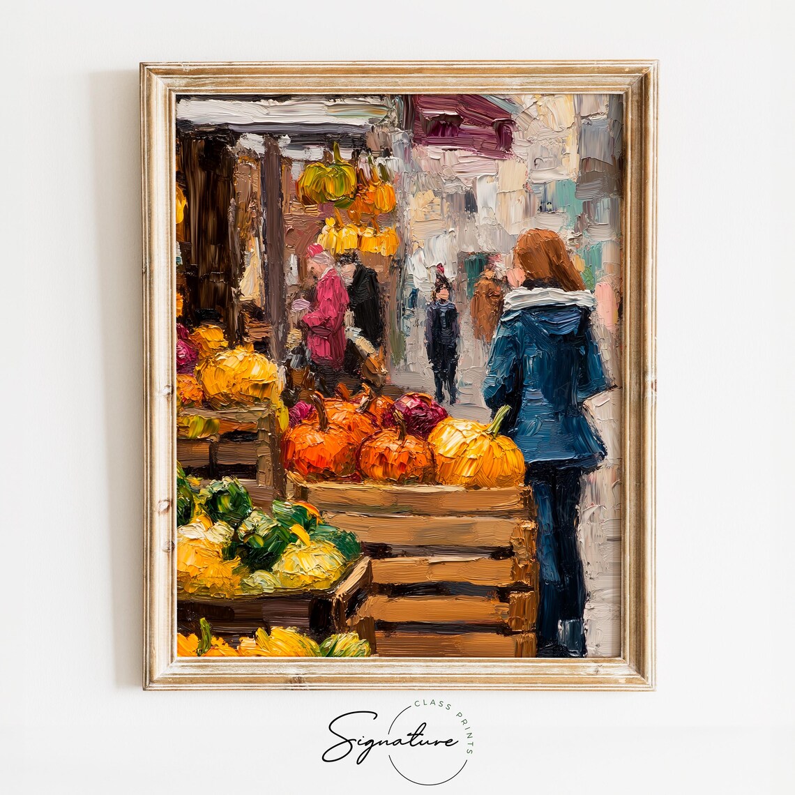 Busy Autumn Farmers Market with Pumpkin Crates and Shoppers Poster