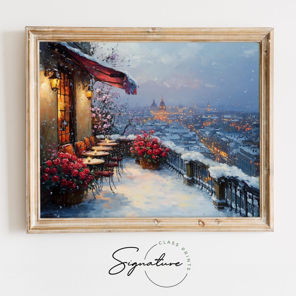 Rooftop Cafe In Winter Snowy Terrace Roses City Lights Wall Art
