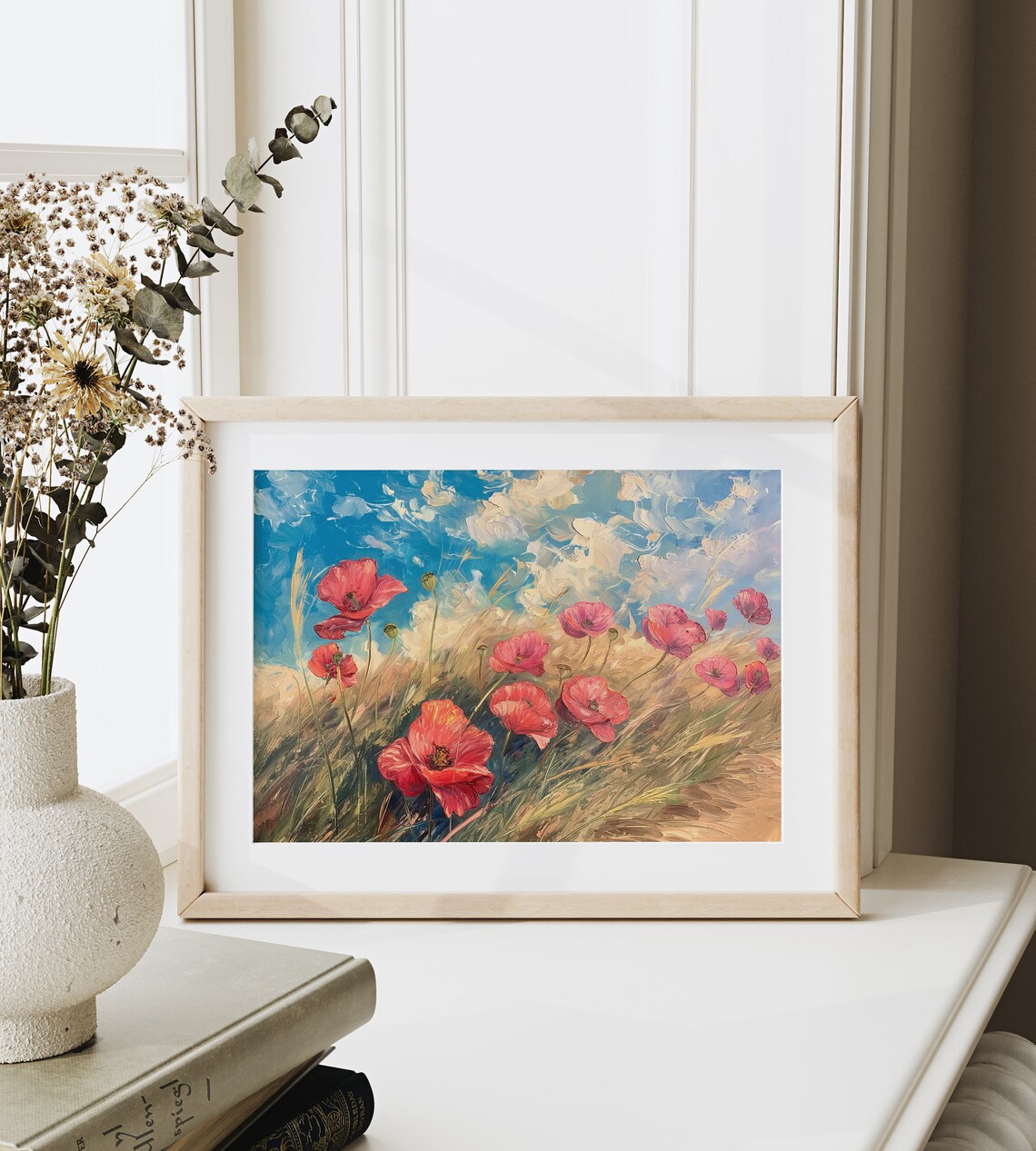 Red Poppies in Grass Bright Blue Sky Impressionist Oil Painting Poster - Image 6