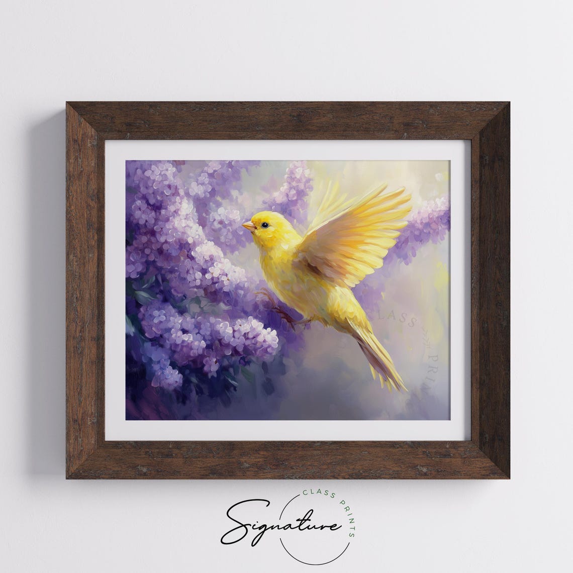 Yellow Canary With Wings Spread Among Purple Lilac Blooms Poster - Image 3