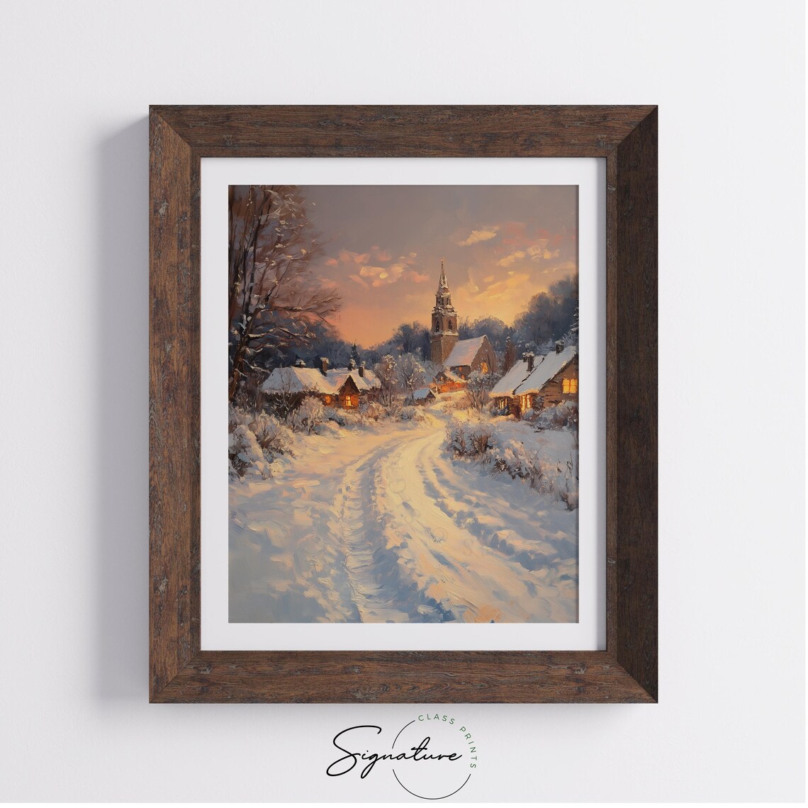Snowy Village at Sunset with Church Steeple and Cottages Poster - Image 3