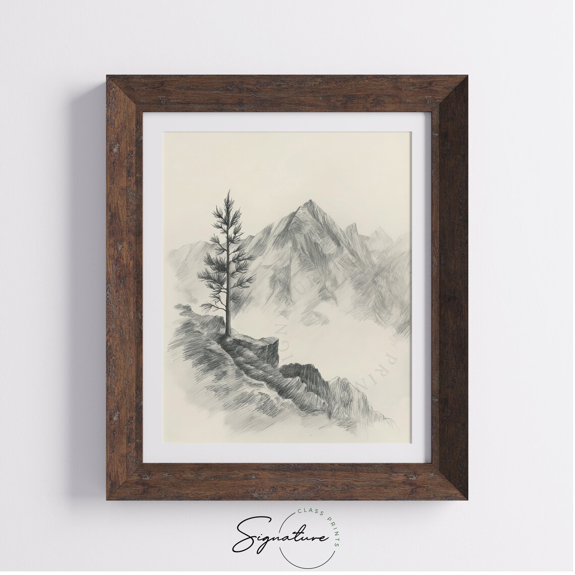 Lone Pine Tree On Rocky Mountain Vista Monochrome Pencil Poster - Image 4