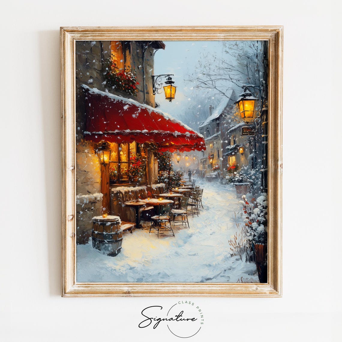 Snowy Cafe With Red Awning Cozy Winter European Street Scene Poster