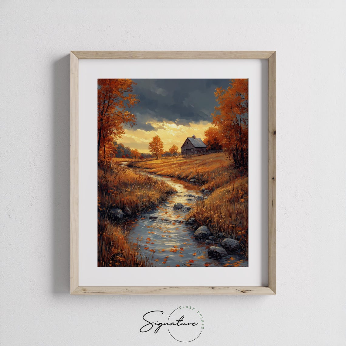 Stream Through Meadow Cabin Dramatic Sunset Autumn Painting Print - Image 3