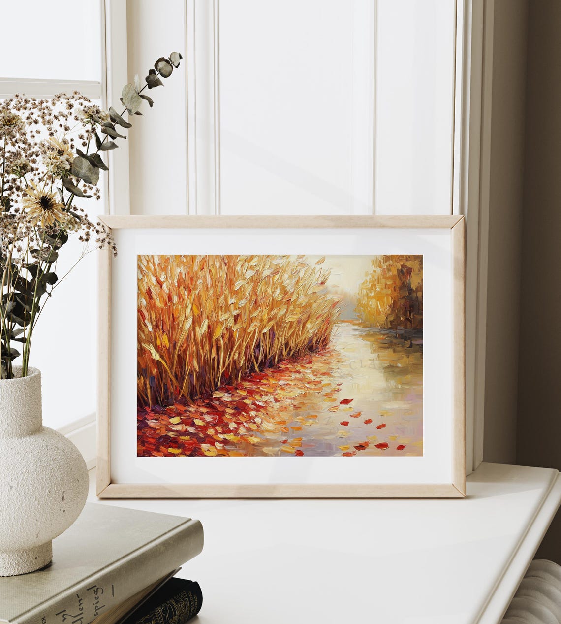 Impasto Golden Reeds With Floating Red Leaves On Calm Water Poster - Image 6