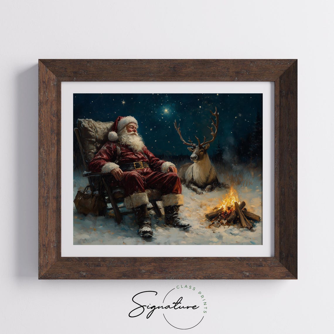Santa Resting by Campfire With Reindeer Starry Night Scene Poster - Image 5