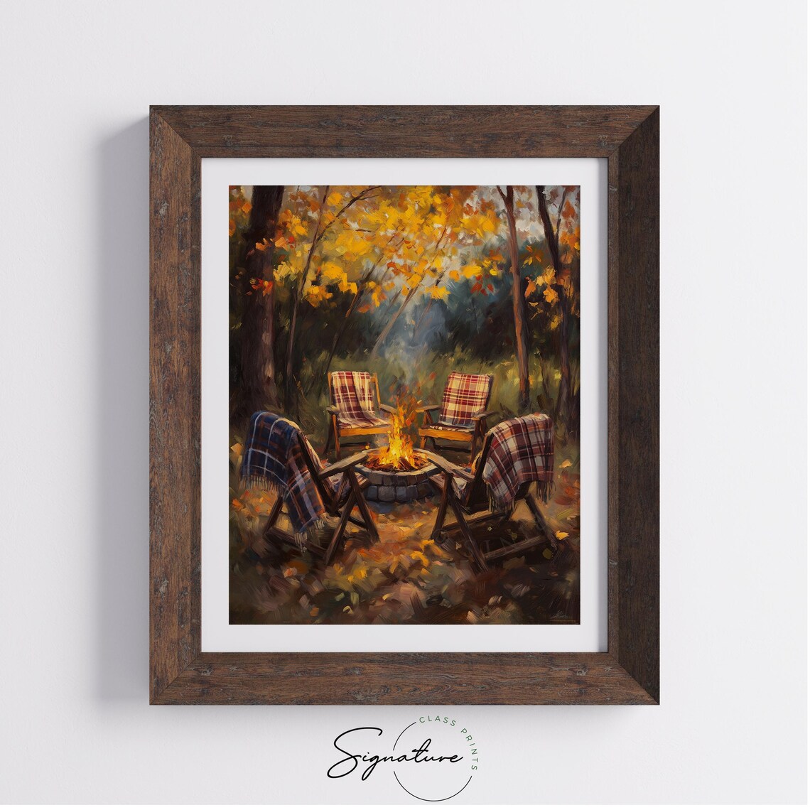 Campfire Circle with Four Plaid Chairs Under Golden Autumn Trees Poster - Image 4