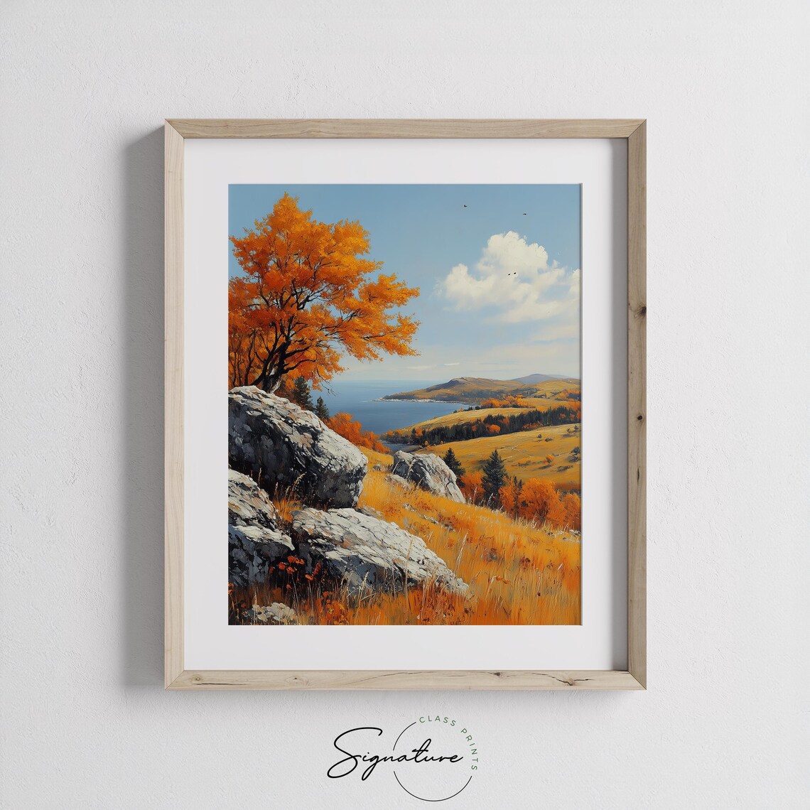 Orange Autumn Tree on Rocky Cliffs Overlooking Blue Lake and Hills Wall Art - Image 3