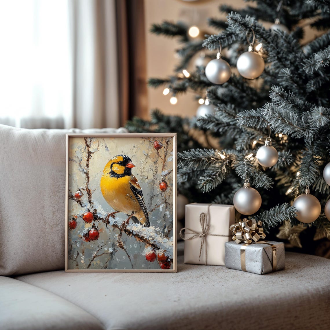 Goldfinch On Snowy Branch With Red Berries Winter Bird Art Poster - Image 5