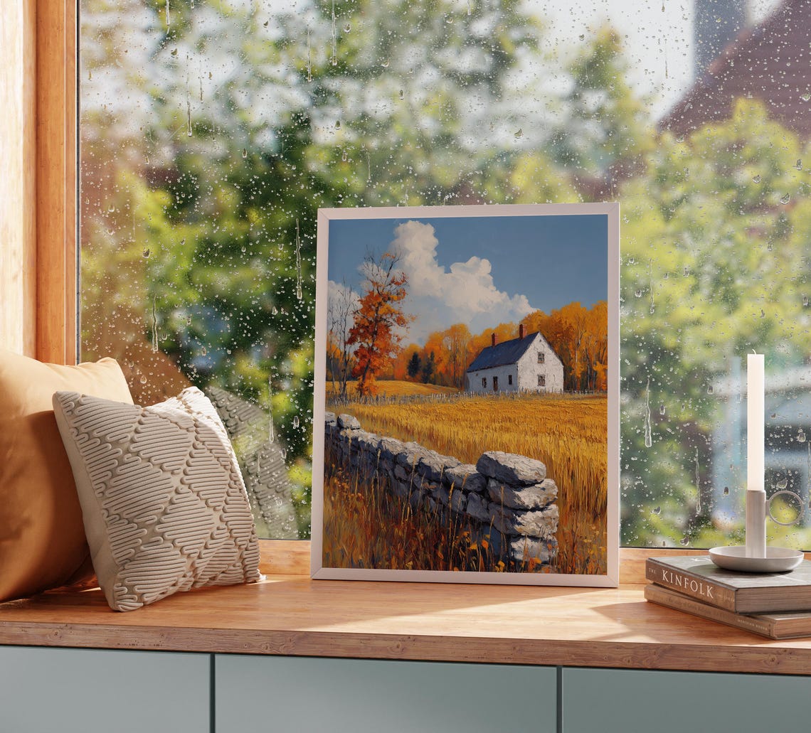 White Farmhouse and Stone Wall Over Golden Wheat Field Poster - Image 2