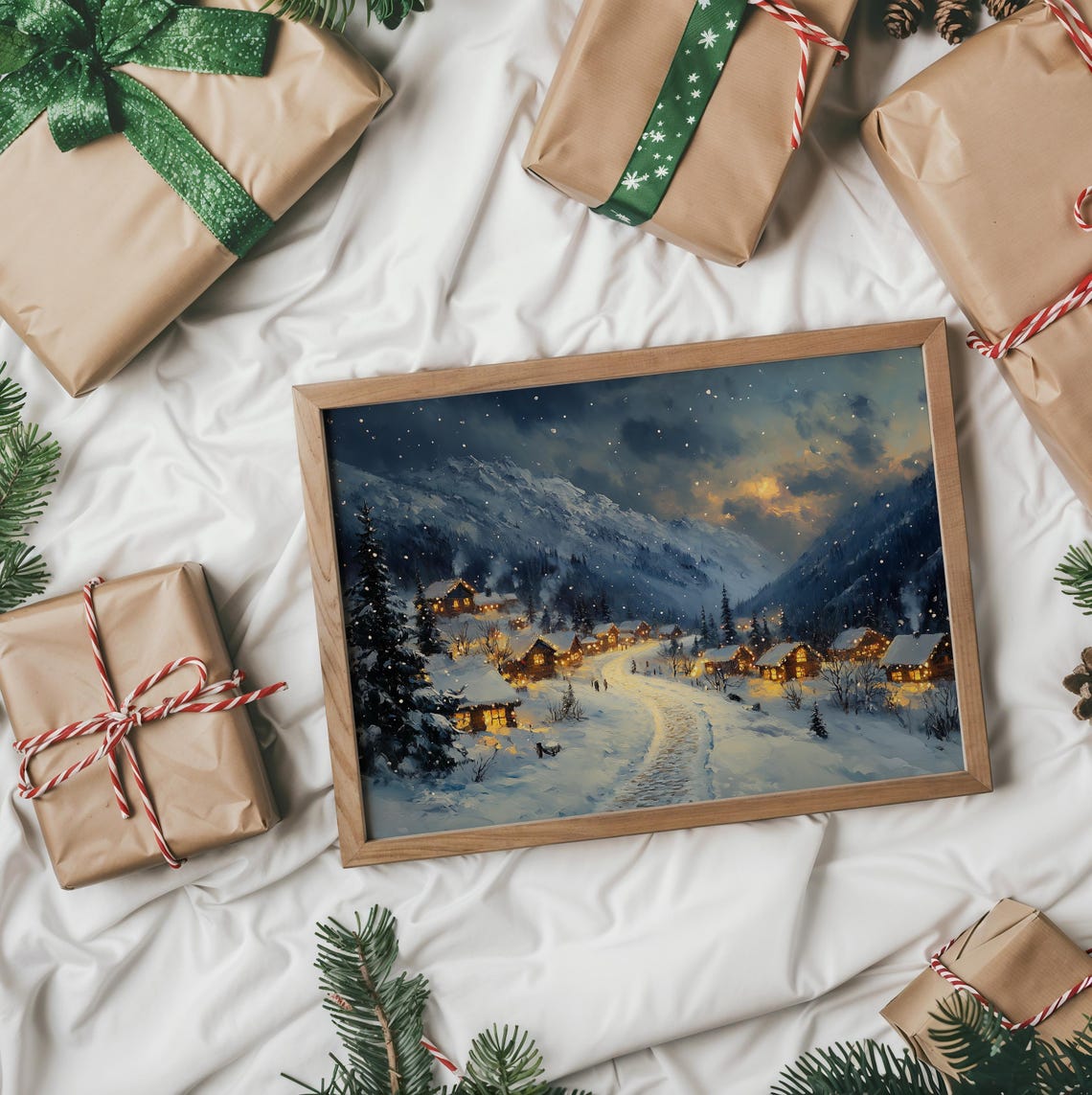Snowy Christmas Village Night Lights Mountain Holiday Wall Art - Image 5