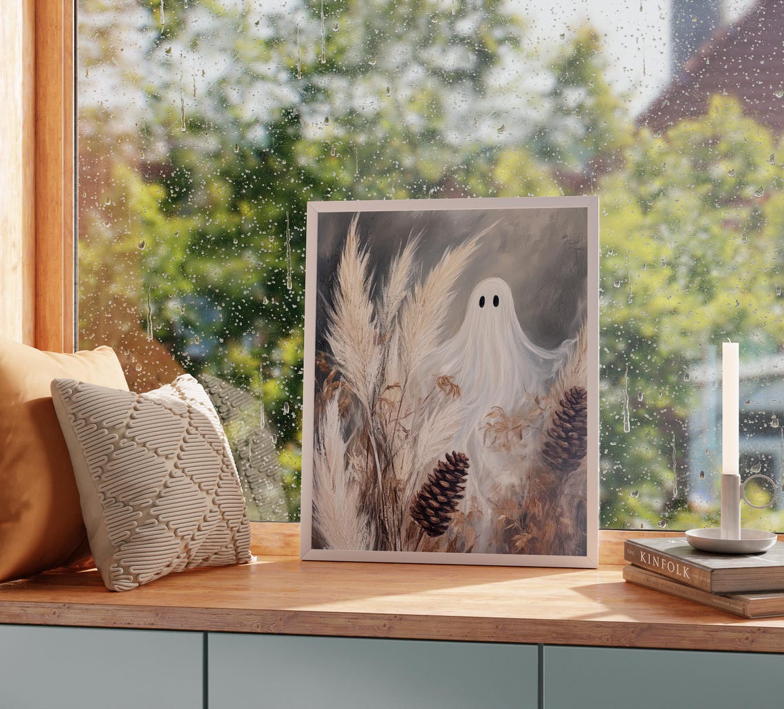 Moody White Ghost Among Pampas Grass and Pinecones Halloween Poster - Image 2